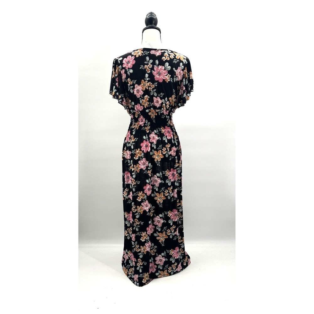 Tamsy Dark Floral Babydoll Maxi Dress OS Flutter Sleeve Stretch Whimsigoth Boho - Picture 5 of 12